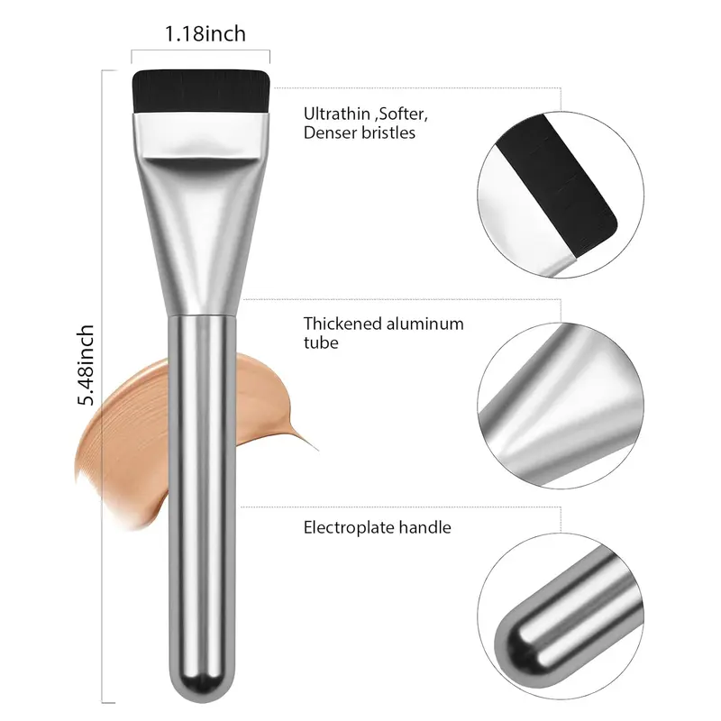 Flat Foundation Makeup Brush - Korean Spatula Design Facial Brush for Liquid Foundation, Premium Single Item for Smooth Even Base (Silver)