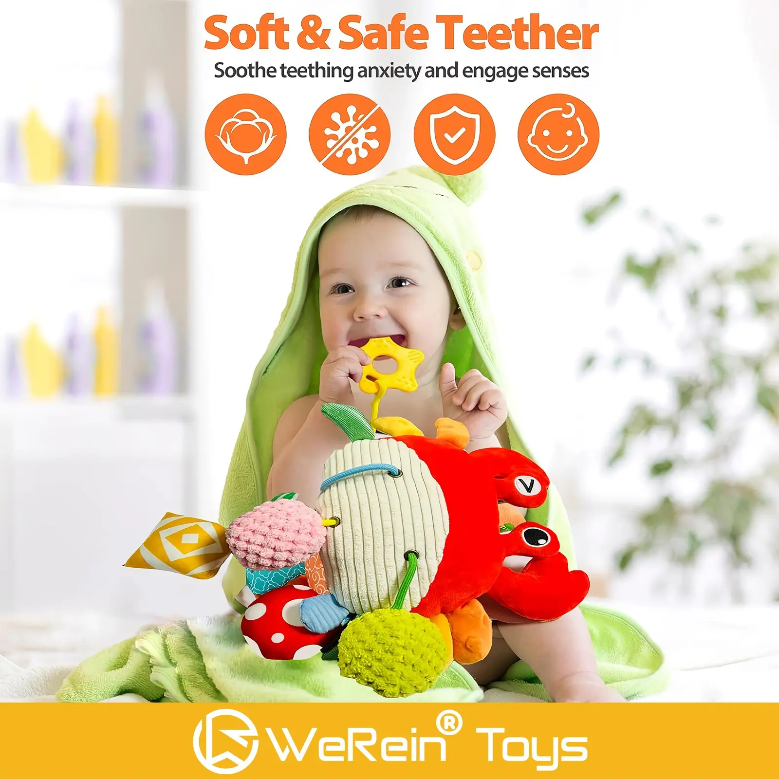 Cute Animal Stroller Hanging Toy, Soft Plush Baby Car Seat Crib Mobile Toy, Sensory Teething Rattle Toy, Montessori Early Developmental Toy for Newborn Infants