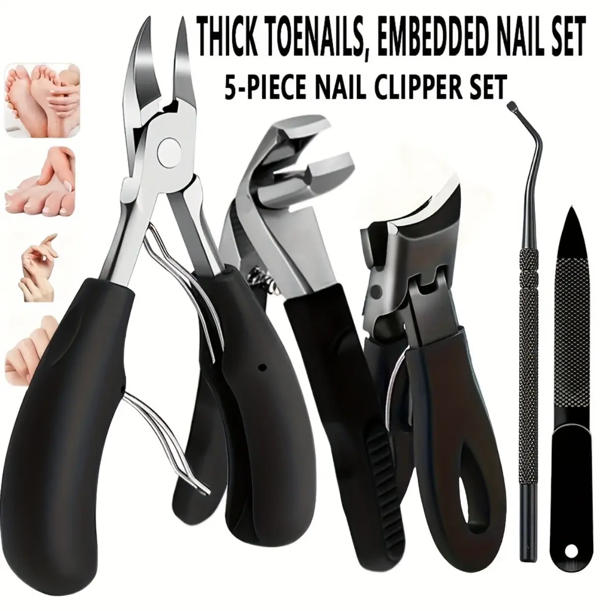 5PC Stainless Steel Ingrown Nail Clipper Set, Heavy-duty Nail Care Tool, Includes Pedicure Accessories, Black Handle, Suitable for Thick Nails and Foot Care, Ideal for Professional and Personal Use.