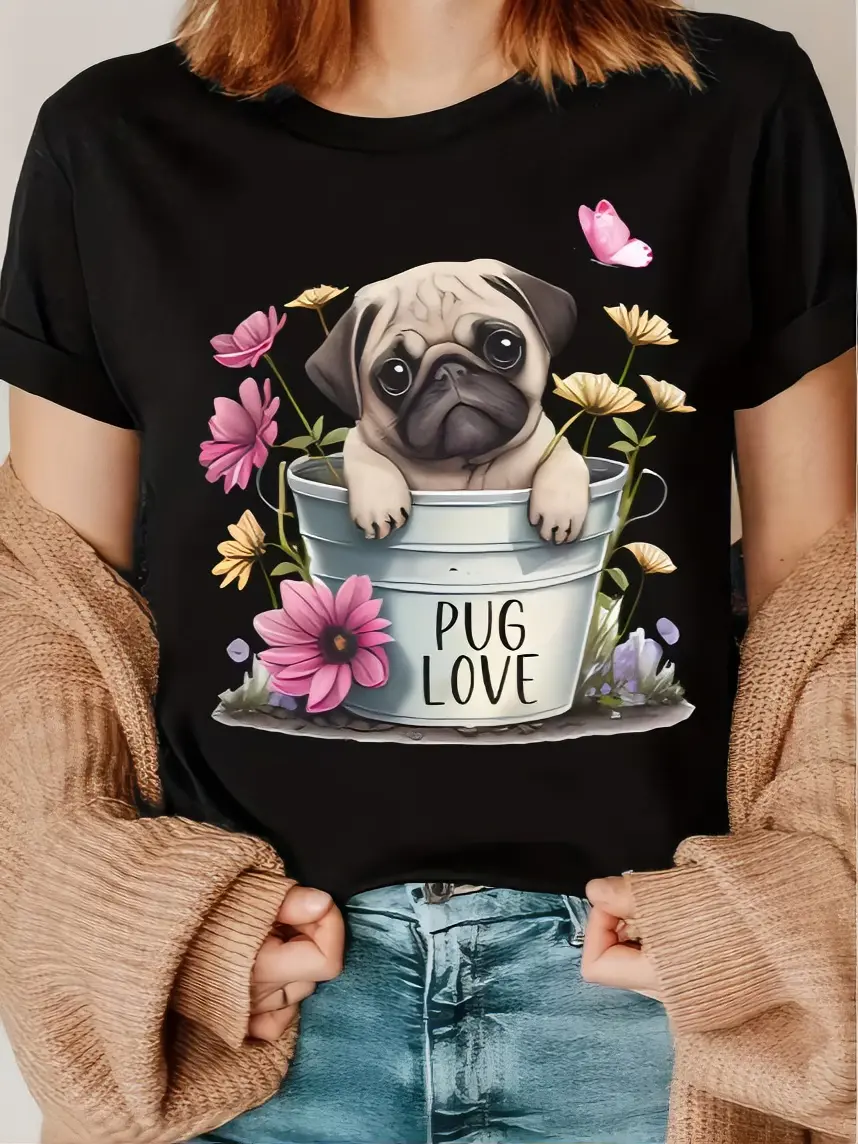 Pug Love T-Shirt with Floral Design and Pug in Bucket, Black Color, Casual Style, Perfect for Daily Wear