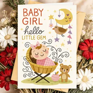 1pc Baby Greeting Card Envelope Set Blank Paper for Newborn Congratulations & Welcome Gifts English “BABY GIRL hello LITTLE GEM” Warm Welcome Message Adorable Newborn Visual Theme Greeting Card