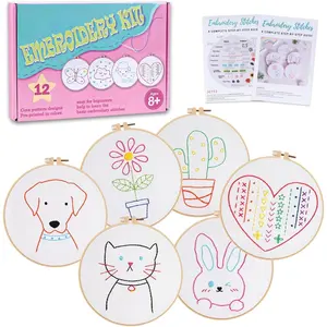 12 Pre-Stamped Embroidery Kits for Beginners,  Stitch for  Girls,DIY Needlepoint Craft Sewing,Practice Kit Supplies,Funny Cute , for Ages 8-12