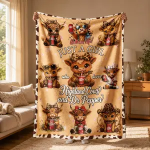 Highland Cow & Dr Pepper Flannel Blanket, Funny Throw Blanket, Large Size, Soft and Lightweight, Perfect for All Seasons, Ideal for Bed, Sofa, Office, Camping, Travel