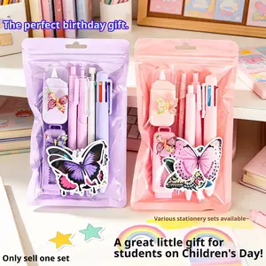 1 set of 7-piece creative themed stationery set, student study supplies, with three themes: butterfly theme, donut theme, and black cat theme. It includes pencils, 6-color fountain pens, neutral pens, erasers and stickers, Perfect holiday gift