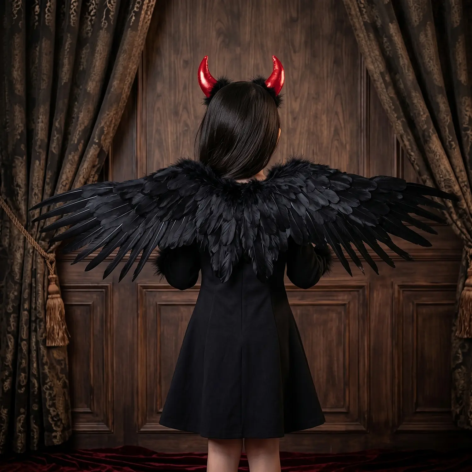Black Devil Feather Wings Back Accessory for Children and Adults, Halloween Dark Style Costume, Imitation Feather Party Outfit, Fashion Show Prop, Masquerade Costume, Stage Performance Accessory