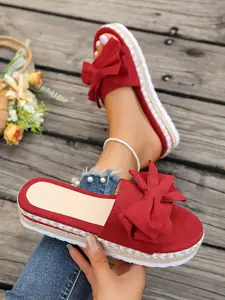 Fashion Thick Sole Sandals Butterfly Knot Decor Straw Bottom Large Size Women's Vacation Shoes Summer Must-Have French Style