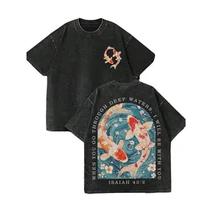 Christian Washed T-Shirt, Koi Patterned T-Shirt, Religious Culture T-Shirt, “When Thou Passest Through the Waters, I Will Be With Thee” (Isaiah 43:2 KJV) – Conveys the comforting meaning of God and believers being together in religious faith. Men’s Clothi