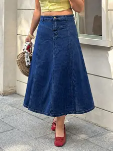 Plus Size Women's Washed Casual Midi Skirt, Loose-Fitting High Waist Denim Dress, Elastic Fabric, All Seasons, Perfect for Outing and Dates