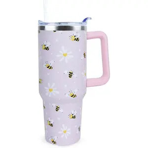 40 oz Cute Daisy Bee Tumbler with Handle and Straw, Stainless Steel Insulated Cup with Lid and Straw, Travel Mug Water Bottle, Gifts for Women
