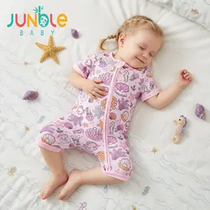 Junblebaby - Tight Fit Bamboo Fiber Baby Short Sleeve Zipper Romper, Cartoon Ocean Theme, Underwater World Animals - Seahorse, Turtle, Shell, Coral, Starfish, Fish, Seaweed Pattern, baby Summer Jumpsuit, baby girl Bamboo Zipper Romper, for Outdoor