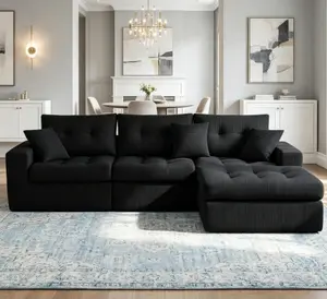 No-Assembly L-Shaped Corduroy Corner Chaise Sofa Bed, Convertible Sectional Couch with High-Density Sponge for Living Room, Apartment