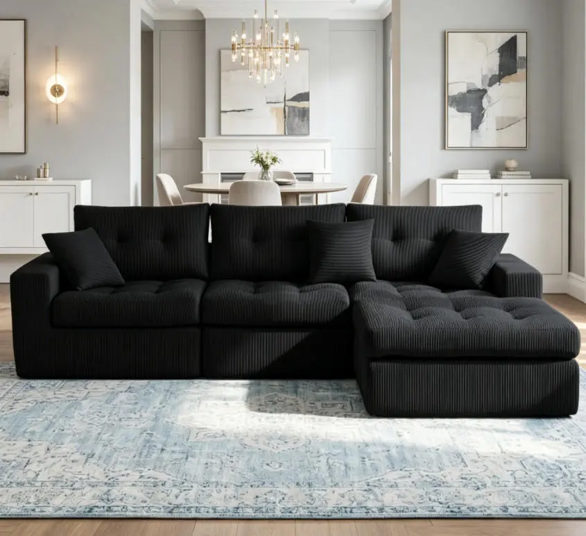 No-Assembly L-Shaped Corduroy Corner Chaise Lounge Sofa Bed, Convertible Multiple-Seat Sectional Couch with High-Density Sponge, Living Room Sofas, Corner Sectional Furniture, Foldable Bed for Apartment, Deep Chaise Sofa, Multiple Seats