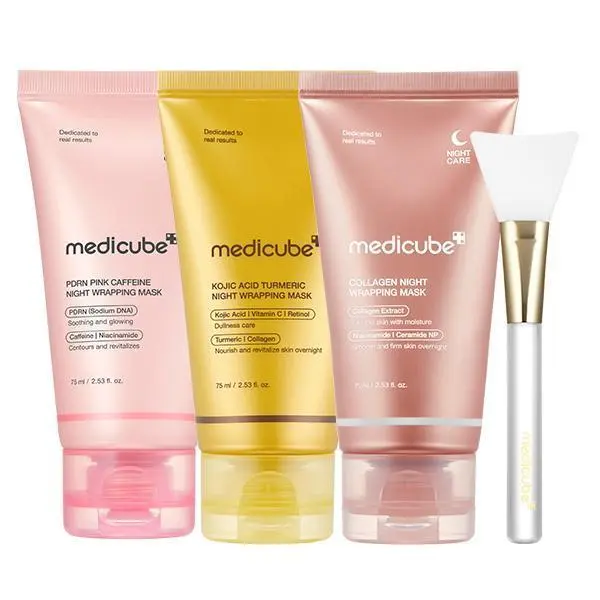 [medicube] Wrapped in Glow Trio : Viral Morning Shed Wrapping Mask SET with Free Jelly Brush | PDRN Pink Caffeine Wrapping Mask, Kojic Acid Turmeric Night Wrapping Mask, Collagen Night Wrapping Mask