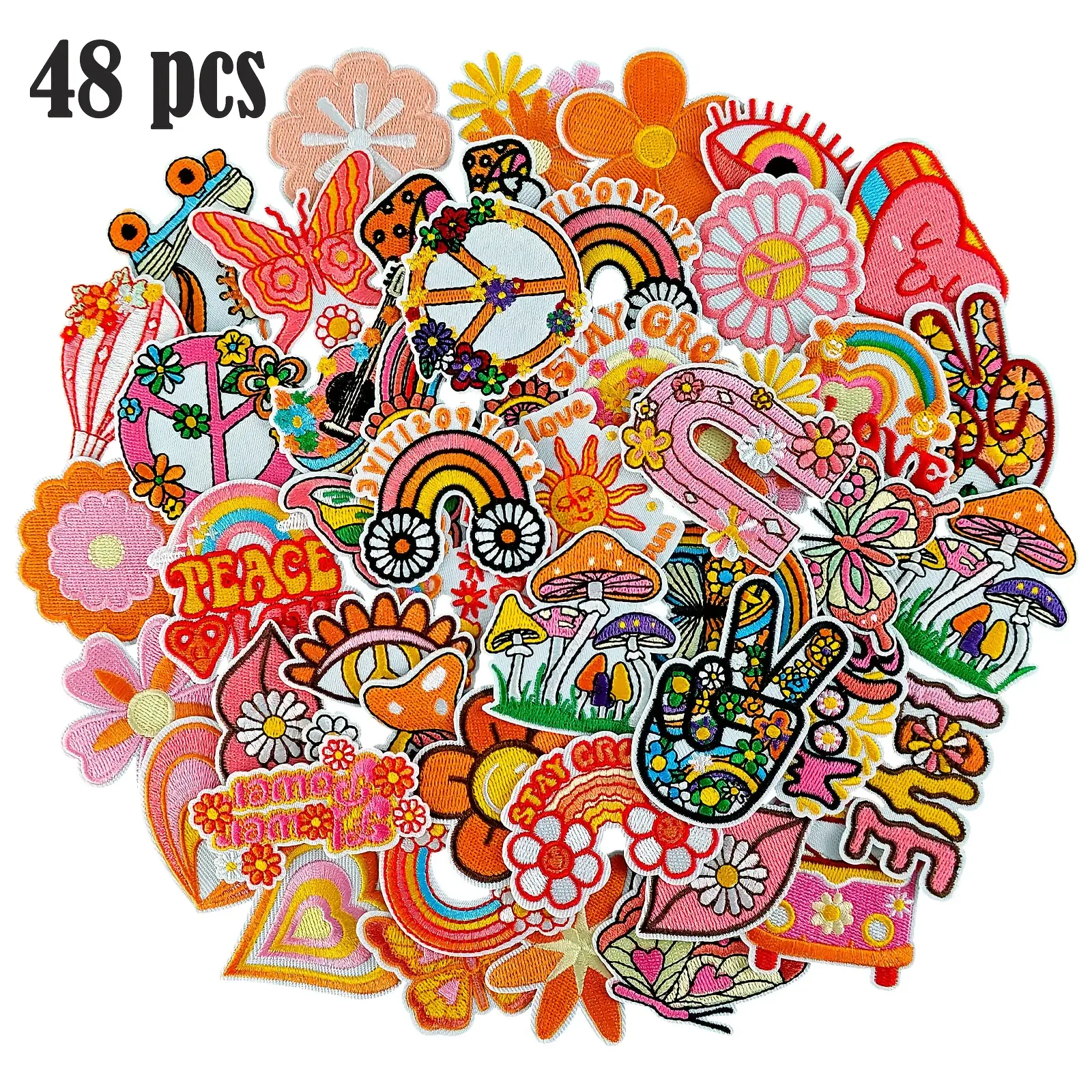 48 Pcs Iron-On Embroidered Fabric Applique Patches - Vintage Retro Hippie Peace Symbols, Stylish Unique Design, Appliques Embellishments, Embroidery Craft Embellishment Set for Sewing Supplies, Clothes