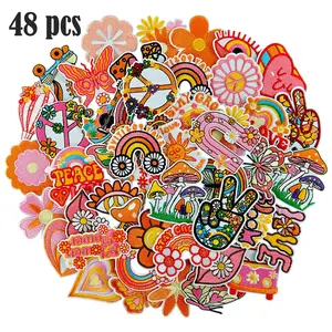 48PCS Retro Hippie Embroidered Patches Iron on Embroidery Appliques Stay Groovy Applique Peace Patches for Clothes, Trucker Hats, Bags etc.