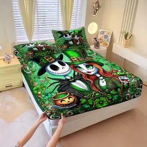 Dark Fantasy Irish Romance Printed Fitted Sheet Set, Includes 1 Fitted Sheet & 2 Pillowcases without Filler, Green base with vintage clover & skeleton couple, unique, timeless, soft and skin-friendly.
