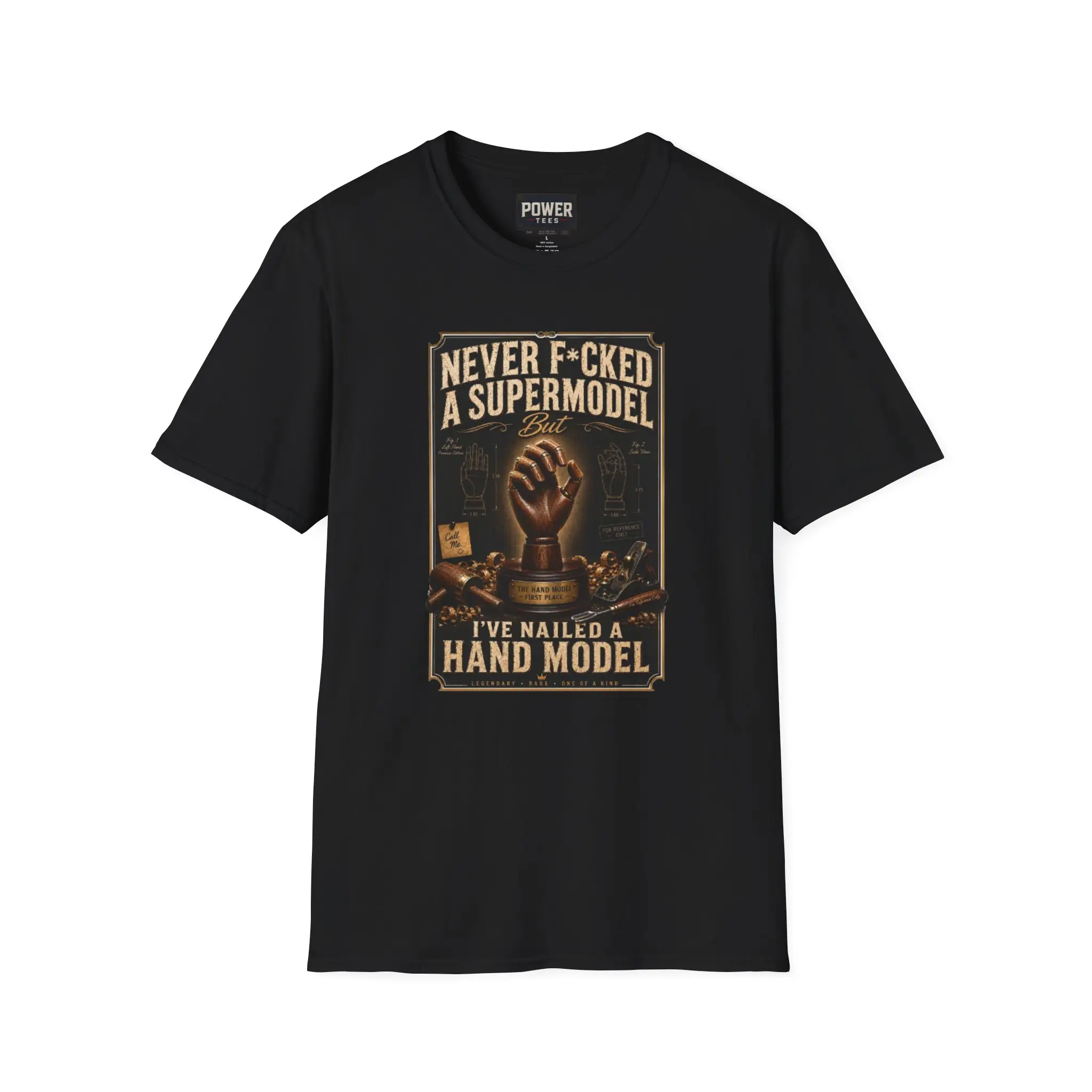 Men's Short-Sleeve Softstyle T-Shirt - Trophy, Poker Themed, Vintage, Distressed, Casual Tops Clothes - "Never F*cked a Supermodel But I've Nailed a Hand Model" Graphic Menswear Tee