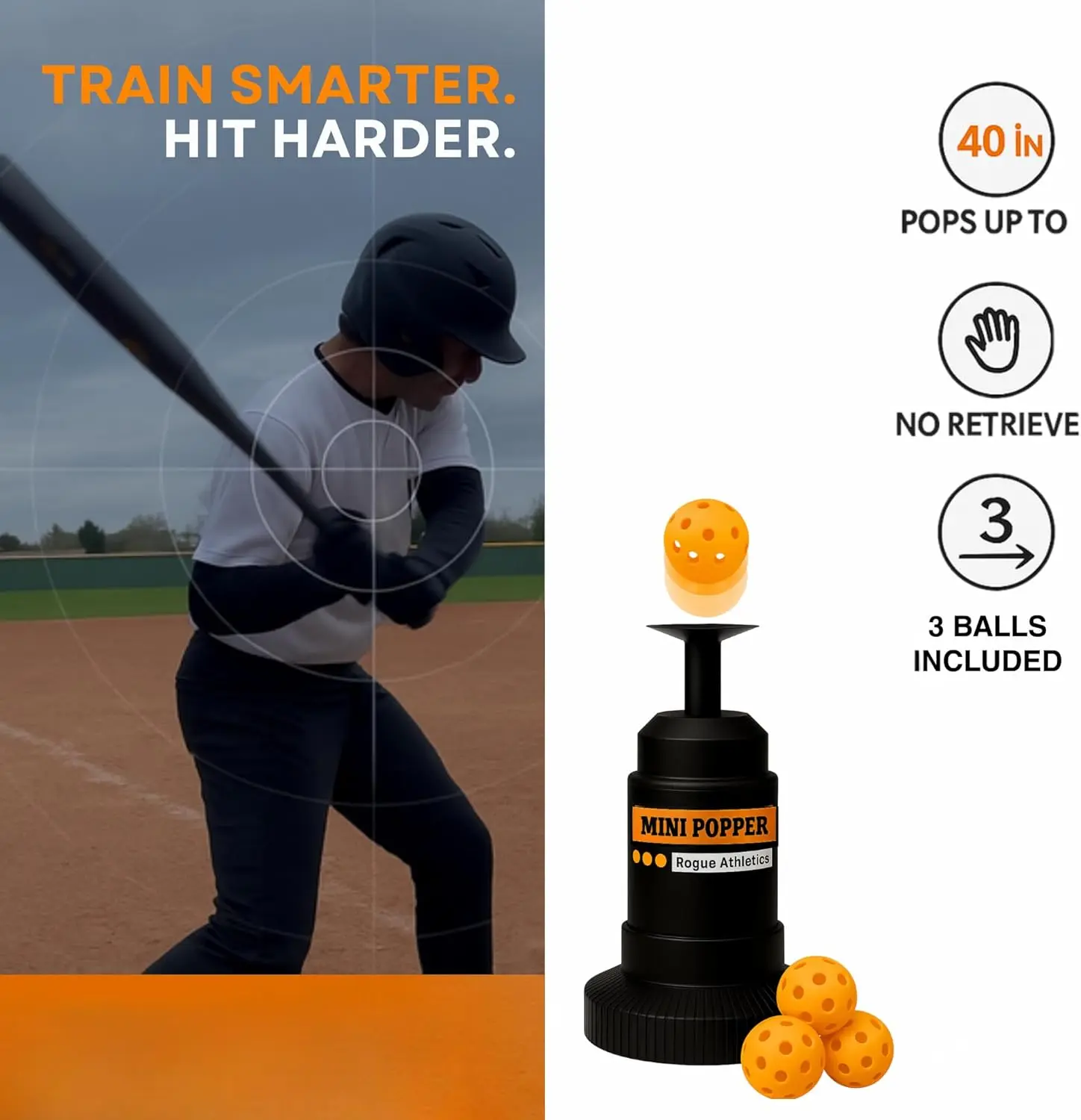 Rogue Athletics - The Original Baseball Mini Popper - Batting Machine for Hitting Practice Without a Pitcher - (3 Balls Included) - for Ages 14 & Under