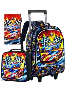 3Pcs Rolling Backpack for Boys, Kids Roller Bookbag with Wheels, Car Wheeled Backpacks Set for Elementary Toddler(Racing), Backpack For School