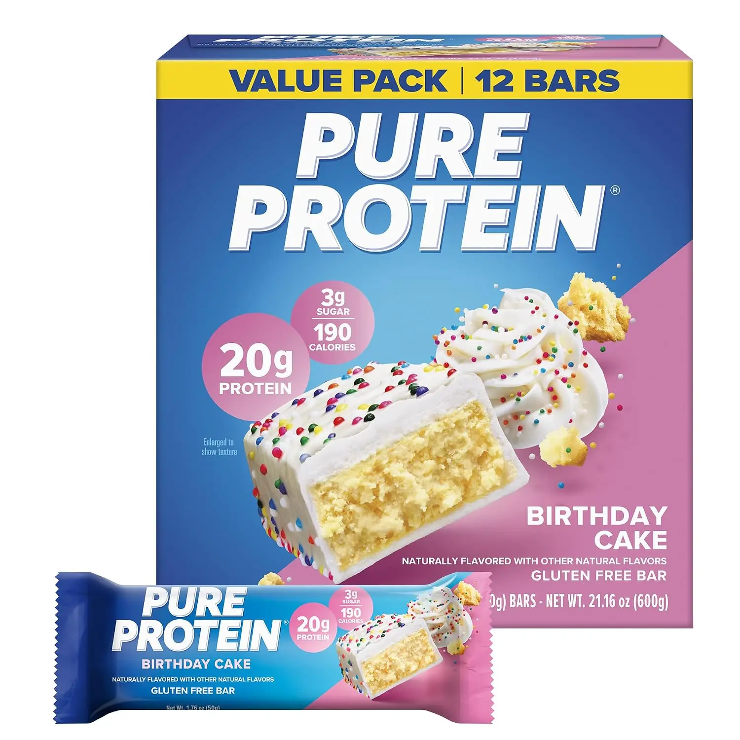 Pure Protein Birthday Cake Dessert Bars - 20g Protein, 3g Sugar, 190 Calories, 12 Count, Low Sugar*, Gluten Free Healthy Snack