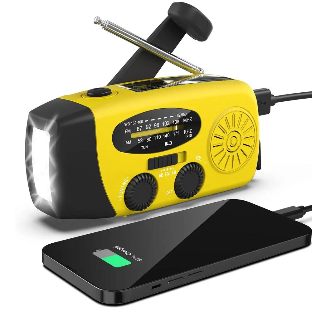 Hand Crank Radio with Phone Charger, AM FM NOAA Weather Radio with Bright Flashlight, Solar Power Bank with LED Light, Handheld Radio for Home & Outdoor, Portable Emergency Radio, USB, Yellow, Portable Rechargeable Radio
