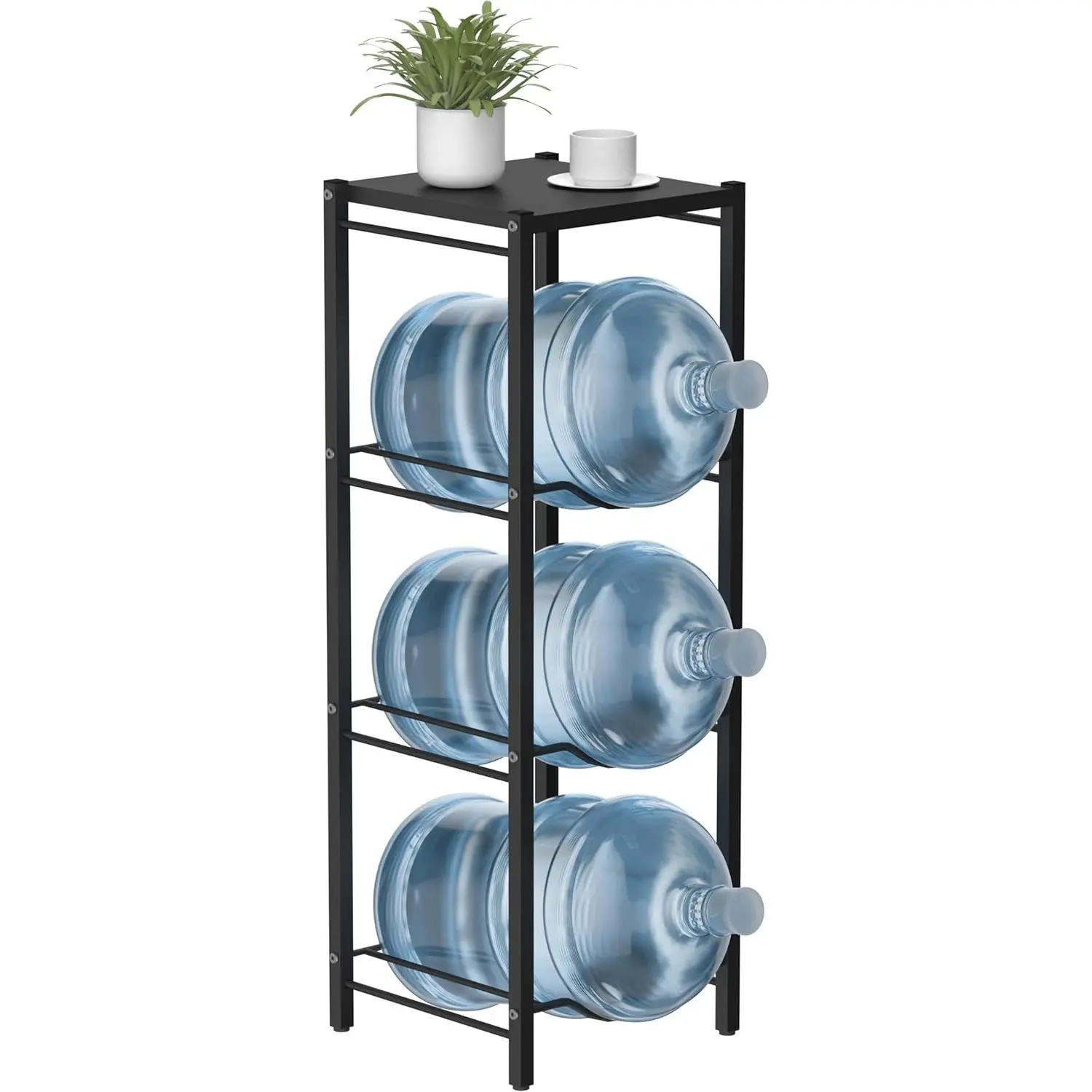 5 Gallon Water Jug Rack, 4 Tier Detachable Water Bottle Holder with Storage Shelf, Heavy Duty Water Jug Dispenser Stand Organizer for Kitchen, Office, Home, Black