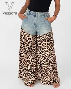 Womens Cotton Leopard Patchwork Wide Leg Jeans Mid Rise Baggy Denim Pants Y2K Animal Print Streetwear Barrel Leg Jeans Casual Travel Outfit