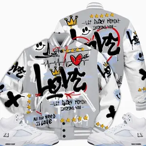 Retro White Metallic 5s Outfits Varsity Jacket, Happy Love Beats Graffiti Outfits Streetwear Unisex Sneaker Matching Shirts