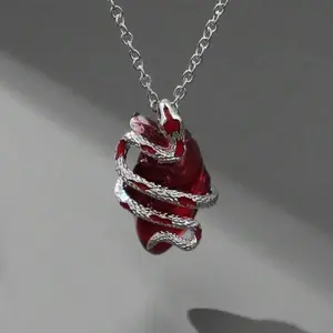 Snake Heart Necklace Pendent with Red Gemstone and Silver Chain for Women