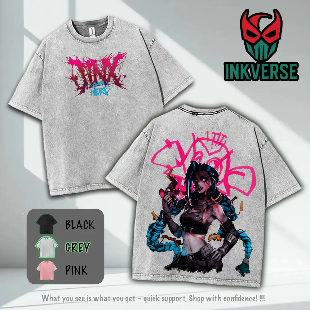 Jinx x Powder Arcane: League of Legends Washed T-shirt, Hoodie, Sweater Game Cotton,Graphic Tee, Cartoon Double Printed Vintage Washed Tee Cotton T-shirt Fabric Menswear Top Collar