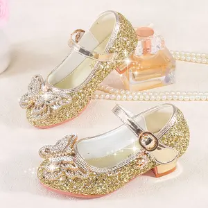 Girls' Princess Shoes with Rhinestone Flowers, New Autumn/Spring High Heel Golden Crystal Flat Shoes for Children's Dress, Wedding, Banquet, Performance Princess Dress Shoes
