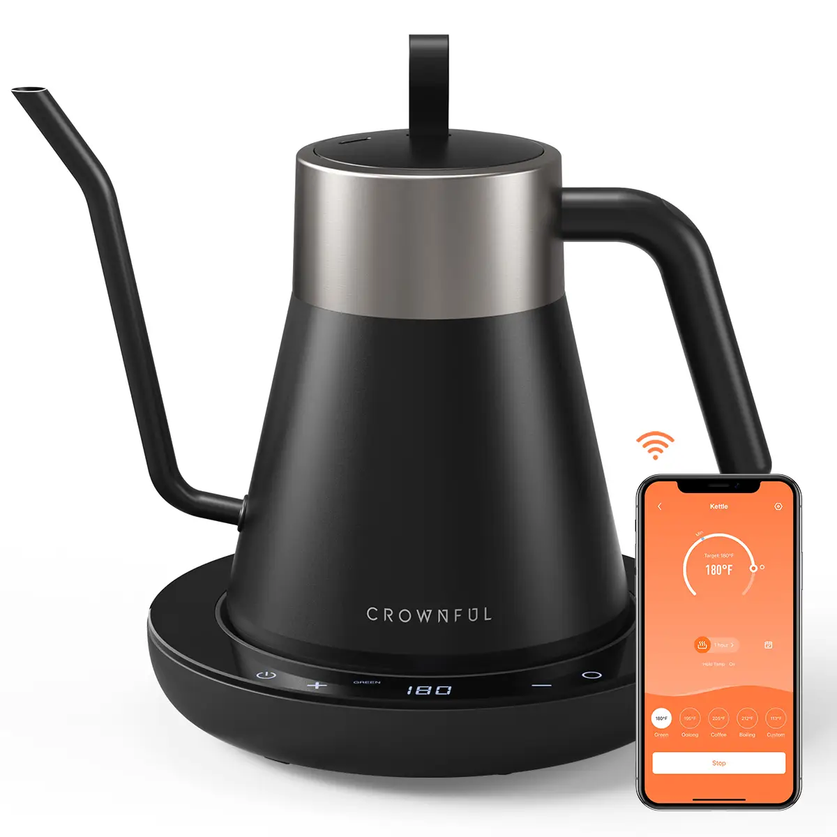 Crownful Smart Electric Gooseneck Kettle with Variable Temperature Control, Pour Over Coffee Kettle and Tea Kettle, Stainless Steel, 0.8L