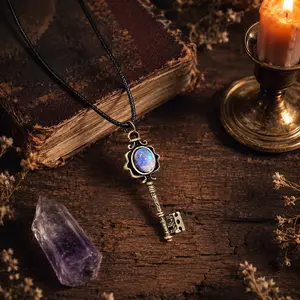 Key Shape Witch Necklace - Gothic Boho Aesthetic Alternative Style, Adjustable Length Colorful Solid Copper Antiqued Bronze Finish, Color-Shifting Fluorite Chakra Protection Amulet, Unisex Vintage Petite Pendant, Thoughtful Daily Wear Jewelry Gift, Gothic