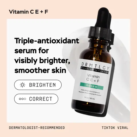 DRMTLGY Vitamin C E + F, 1 fl oz. Visibly Brightens Dark Spots & Discolorations with 15% L-Ascorbic Acid, Vitamin E, & Ferulic Acid.
