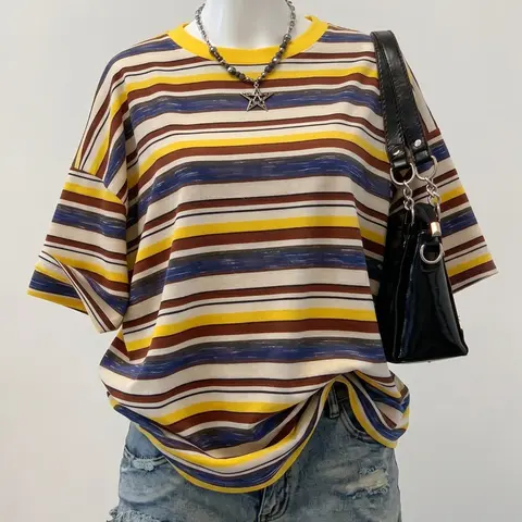 2026 Viral Y2K Retro Striped Oversized Tee - Casual Stylish Tee, Chic Trendy Multicolor Crewneck Short Sleeve Tshirt, Casual Baggy Fit Streetwear for Women Summer Daily Everyday OOTD, Aesthetic Vibe Color Block Stripe Top Womenswear, Casual Tops