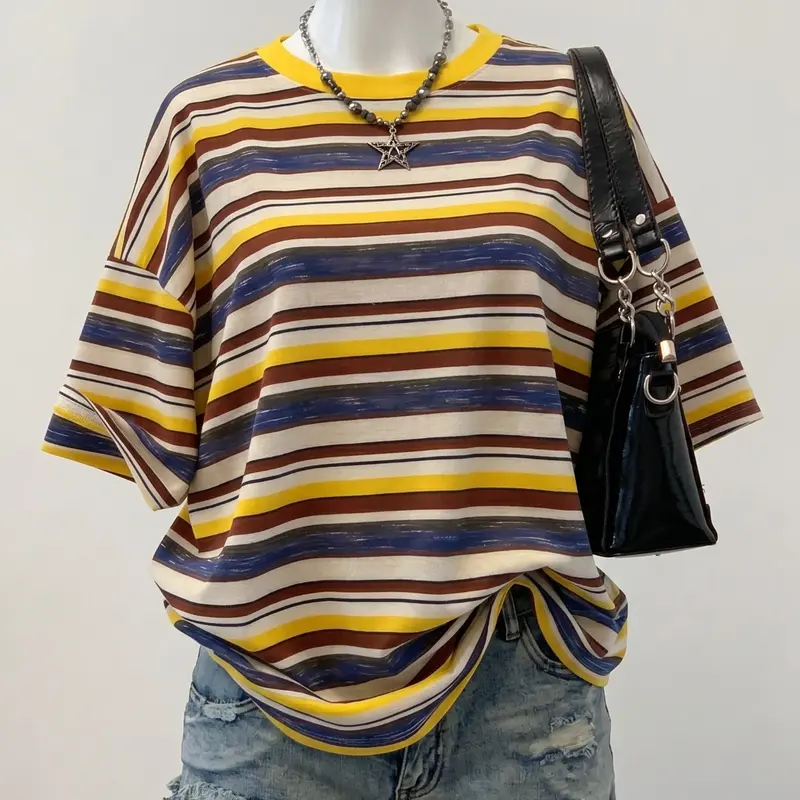 2026 Viral Y2K Retro Striped Oversized Tee - Casual Stylish Tee, Chic Trendy Multicolor Crewneck Short Sleeve Tshirt, Casual Baggy Fit Streetwear for Women Summer Daily Everyday OOTD, Aesthetic Vibe Color Block Stripe Top Womenswear, Casual Tops