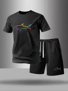 Men's Summer Casual Fitted Set, Colorful Shark Print Round Neck Sleeve T-Shirt & Drawstring Pocket Shorts, Outdoor Comfortable Playwear, 2 Piece