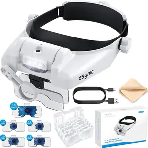 eSynic Rechargeable Head Magnifier Adjustable Head Magnifying Glass with Light Double Lens Design Headband Magnifying Glass 1X to 14X Headband Magnifier with LEDs &5 High Clarity Lens for Reading etc Mother's Day gifts