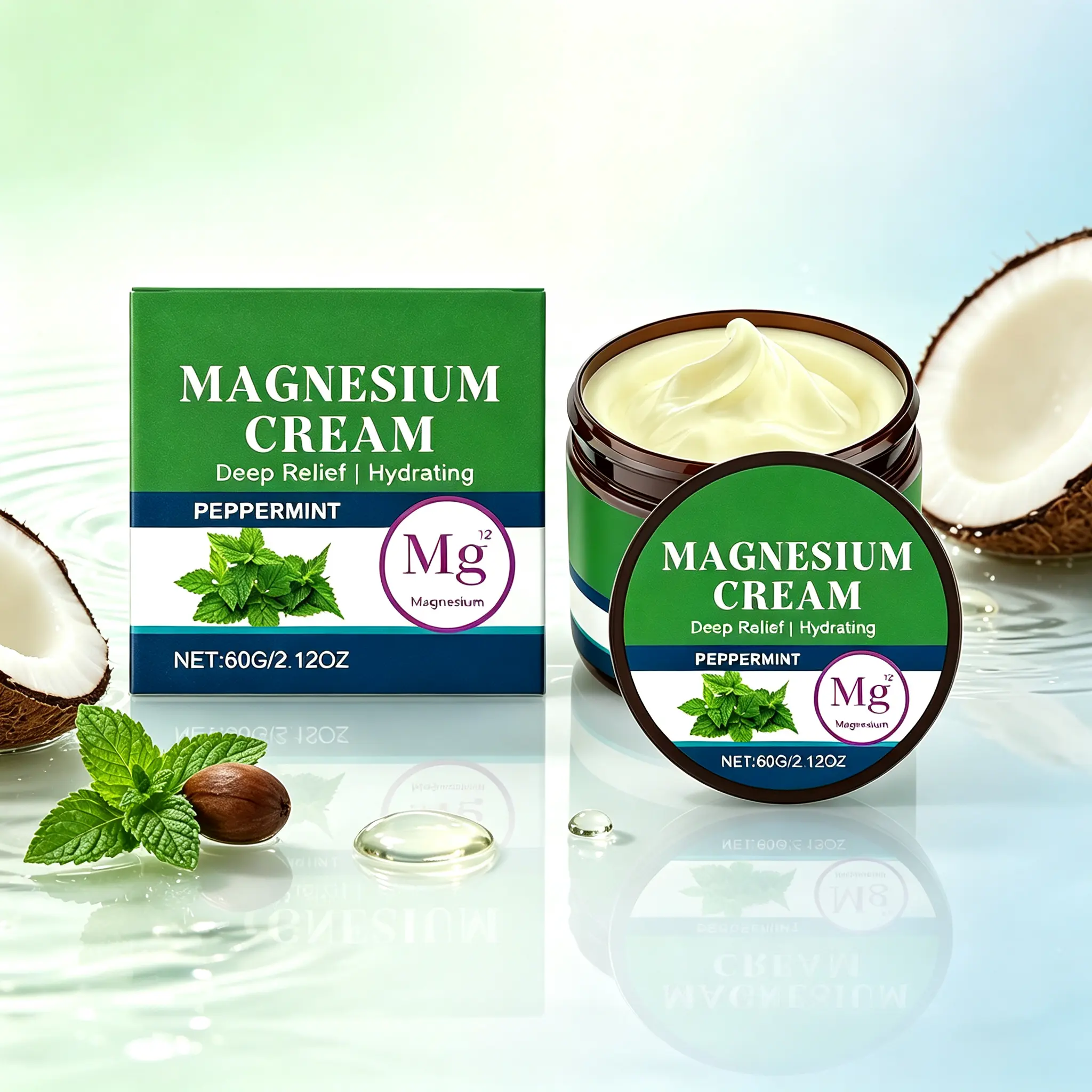 Cooling Magnesium Body Cream - Peppermint-Enriched for Soothing, Refreshing Overworked Tired Skin & Deep Hydration, 60g - Ideal for Post-Workout or Long Standing Days