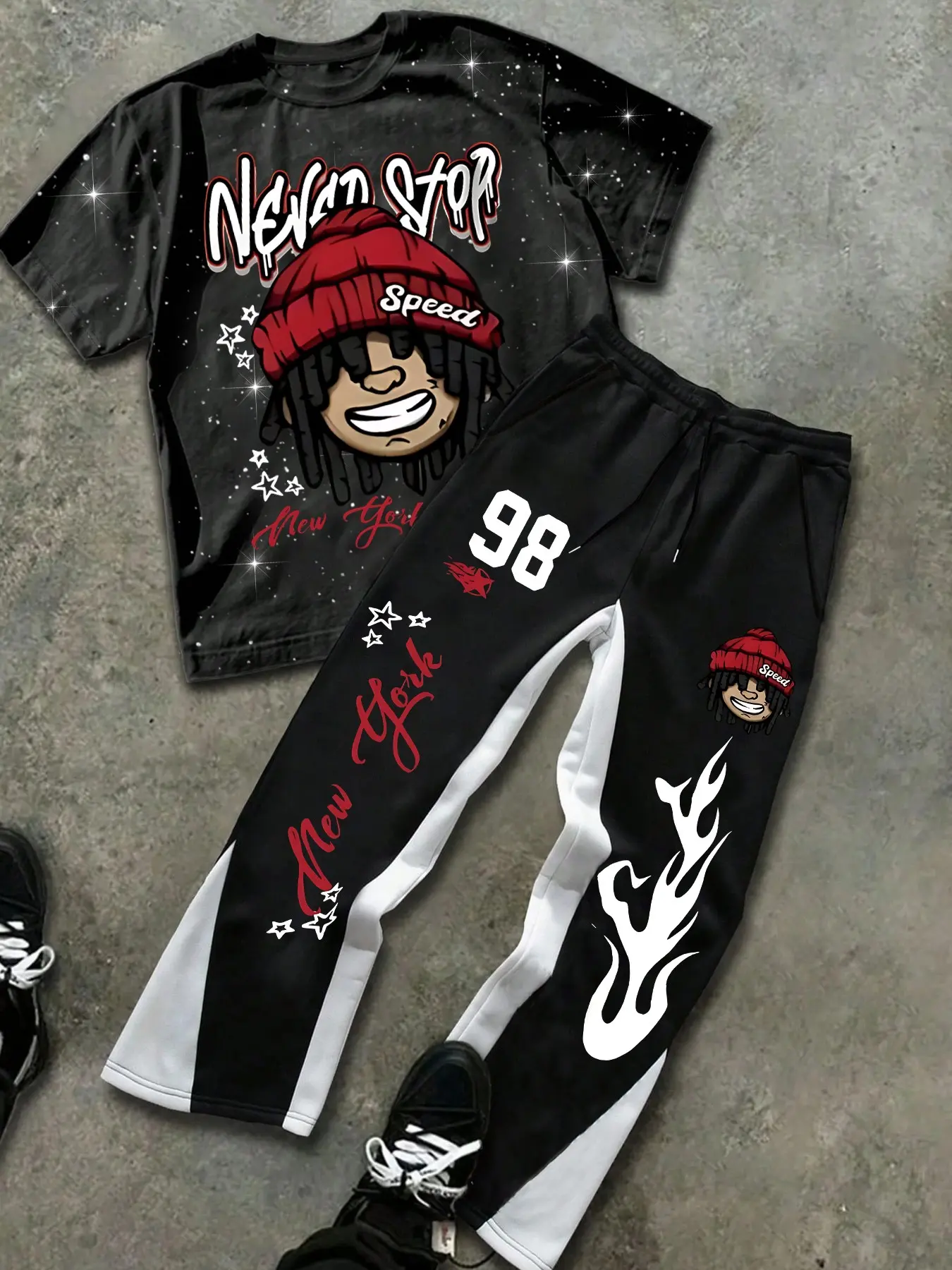 Men's Casual Fitted Short Sleeve Set with Sporty Flared Pants, T-Shirt with Graphic Starburst Print, Cartoon Head, Letter Slogan, Flame Decor Top