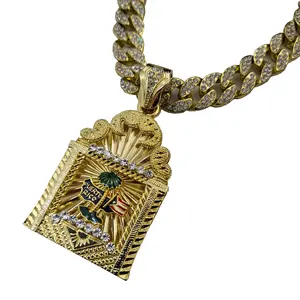 Puerto Rico Gold Plated Large Pendant & 15mm 16" 18" 20" 24" 30" Iced Cuban Chain Hip Hop Necklace Jewelry Unisex Men Women