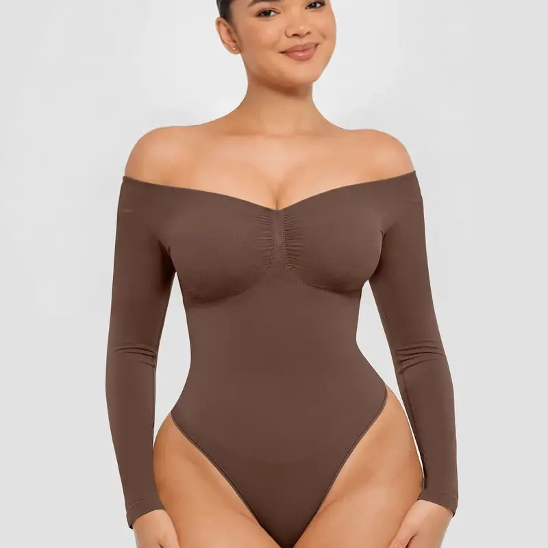 FeelinGirl #Live Long Stream Women's Long Sleeve Bodysuit for Tummy Control Seamless Body Suits Thong V Neck Going Out Tops Womenswear Springtok