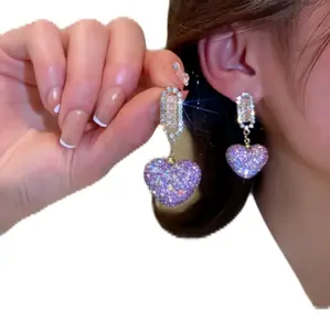 Rhinestone Heart Purple Earrings with Sparkling Design, 925 Sterling Silver Post