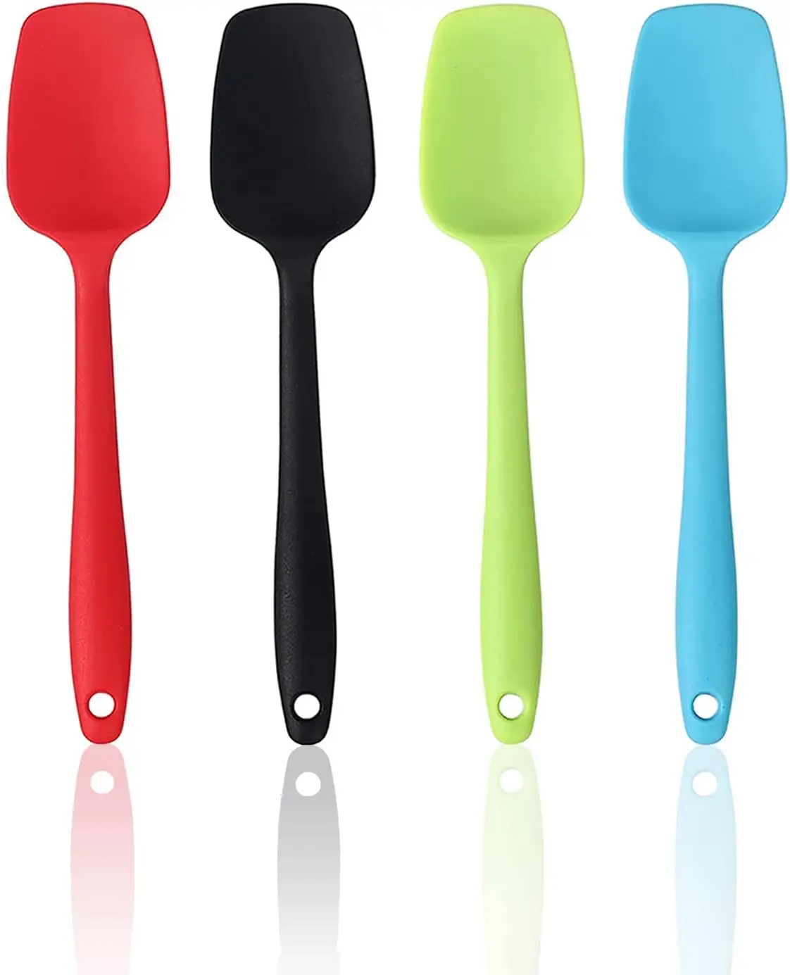 4Pcs 11in Sturdy Stainless Steel Core Silicone Spatula & Spoon Set - Thin Shape Hanging Bakeware with Hanging Loop, Heatproof (Up to 232°C/450°F) Flexible Edge Utensils for Baking, Camping, Home Improvement Kitchen Gadgets