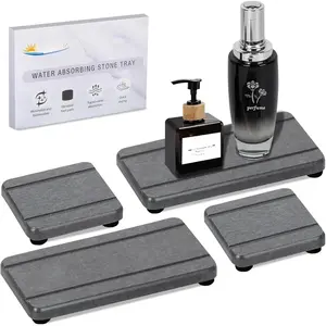 TRAIL RECKONING 4 count Stone Drying Trays for Bathroom Sink, Water Absorbing Stone Tray, Water Absorbent Diatomaceous Earth Tray and Coaster, Diatomite Soap Dish, Drying Stone Soap Tray for Kitchen Counter