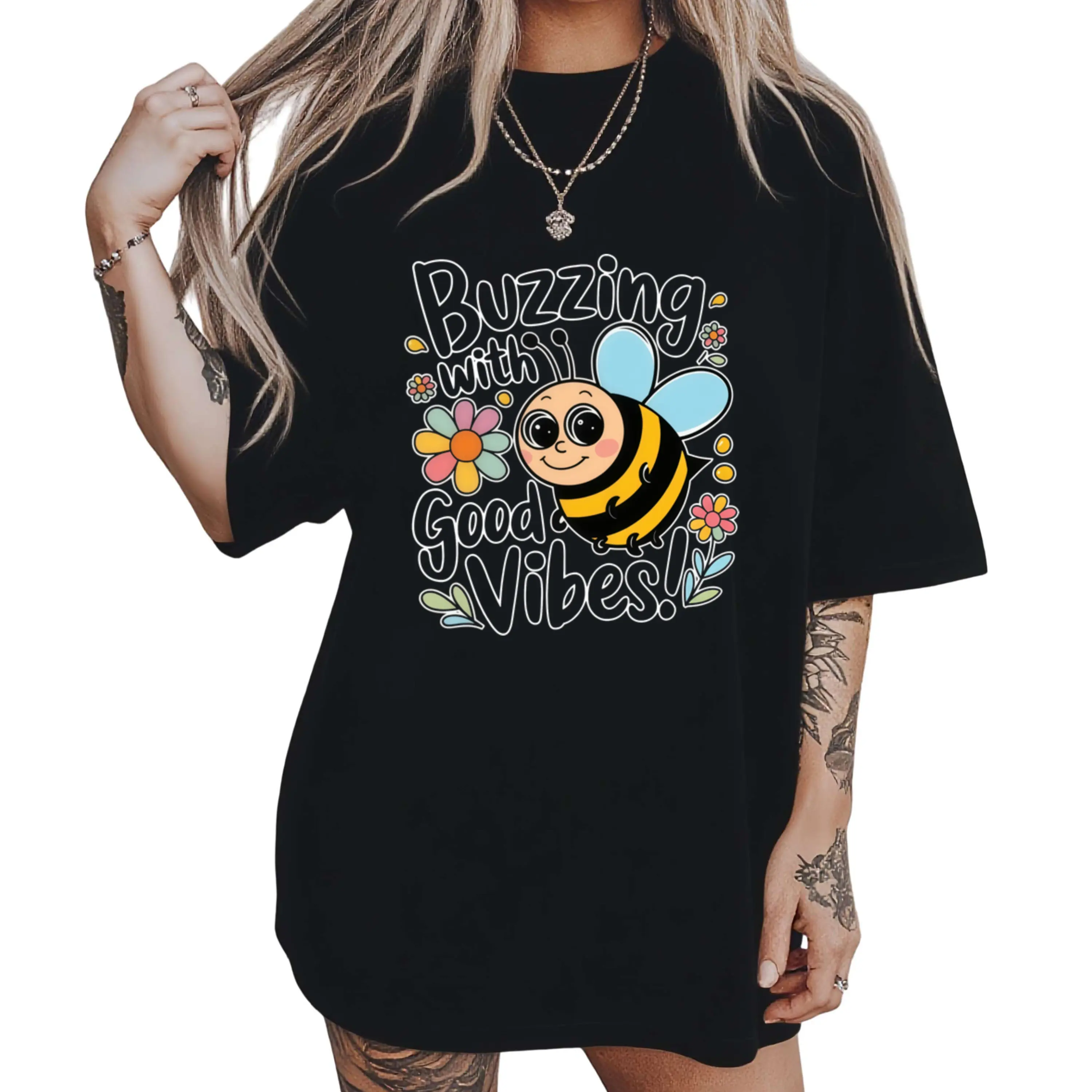 Buzzing Good Vibes Tee for Women Graphic T Shirts Black Limited Edition Summer Spring and Summer Outdoor Wear All-season Top, Stylish and Y Look, Durable Perfect Choice for Daily Wear