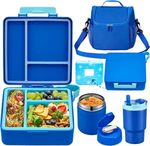 Bento Lunch Box for  with 17oz Soup Thermo,Insulated Tumbler Water Bottle and Insulated Lunch Bag,Leak-Proof 3 Compartment Lunch  Container with with Ice Pack for  to School-Blue