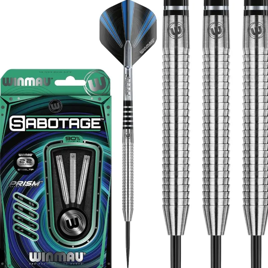 Winmau Sabotage 90% Tungsten Steel-Tip Darts, Set of 3 with Aggressively Profiled Barrels for a Secure Grip, Durable and Long-Lasting, Laser Engraved