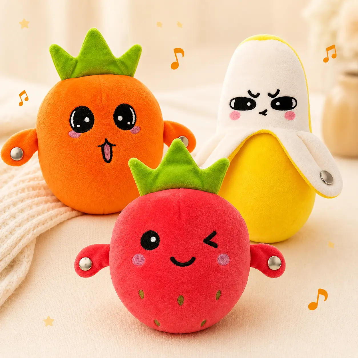 Magic Electric Music Sensing Plush Toy! Interactive Fruit Plushie with Human Contact Sensor, Rechargeable Novelty Fun Gift