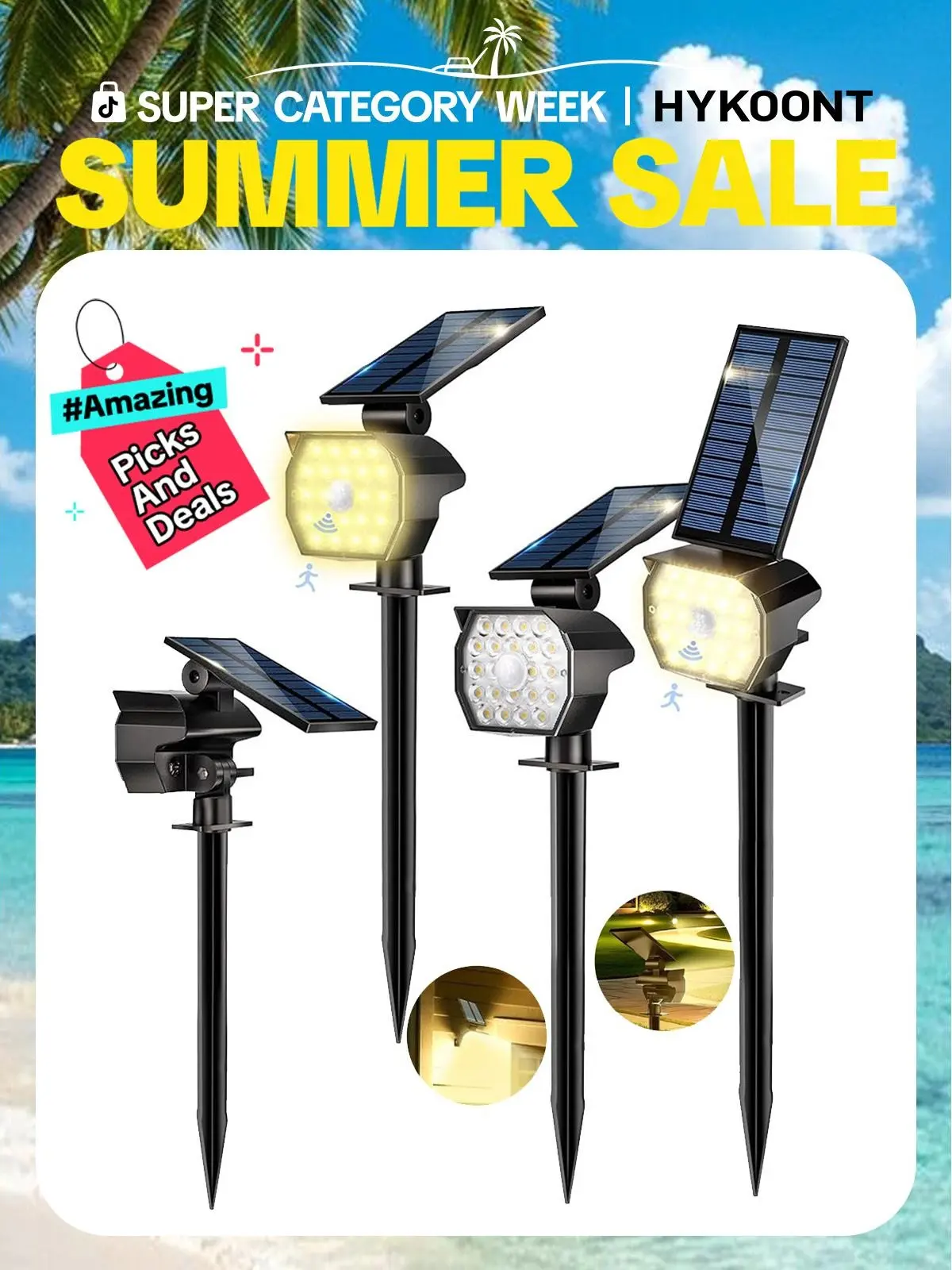 HYKOONT Solar Lights for Outdoor Garden with Motion Sensor, 4 Pack IP65 Waterproof Solar Spotlights for Outdoors with 2-in-1 Auto On/Off, 3 Modes 3000K Warm White Adjustable Panel Solar Lights for Pathway Wall